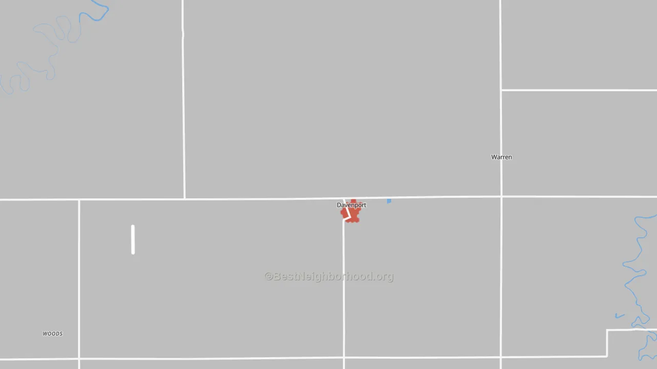Walk Grade map of 58021, ND, walkable areas in green and car-dependent areas in red