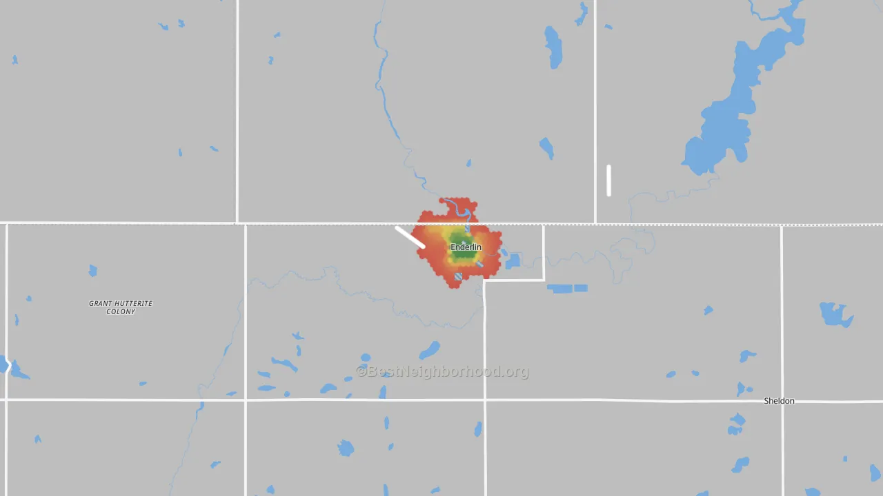 Walk Grade map of 58027, ND, walkable areas in green and car-dependent areas in red