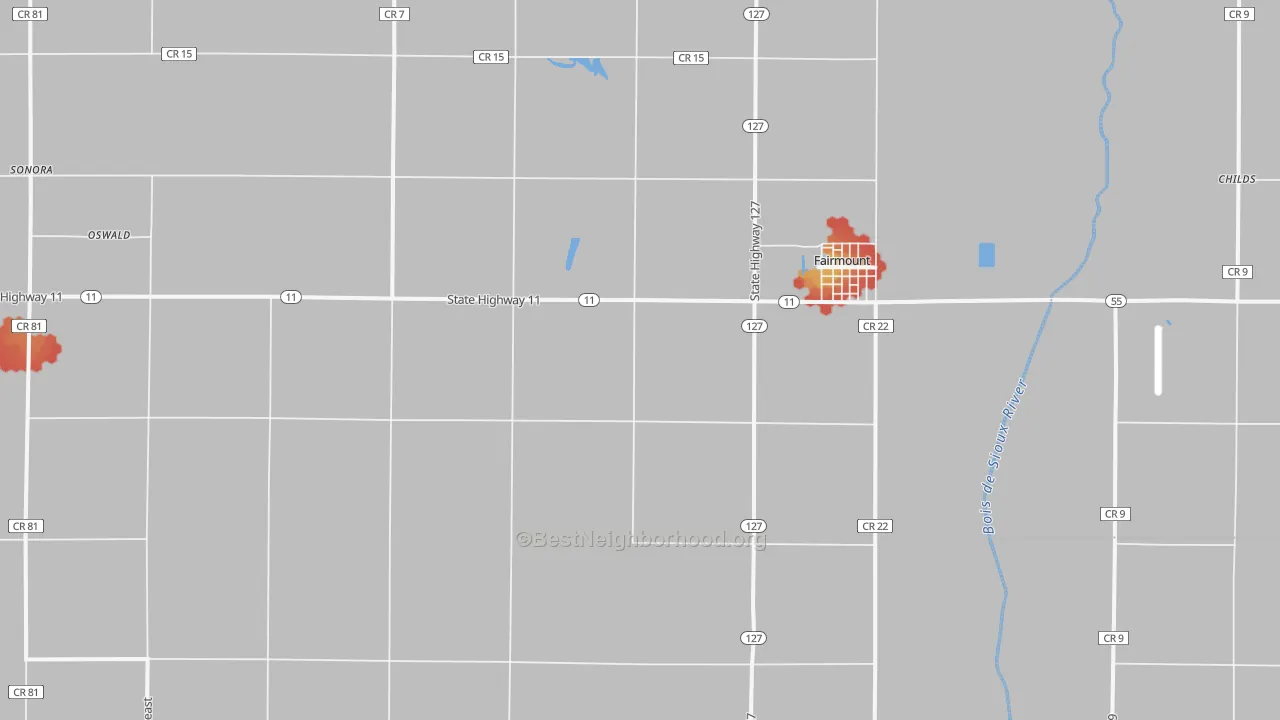 Walk Grade map of 58030, ND, walkable areas in green and car-dependent areas in red