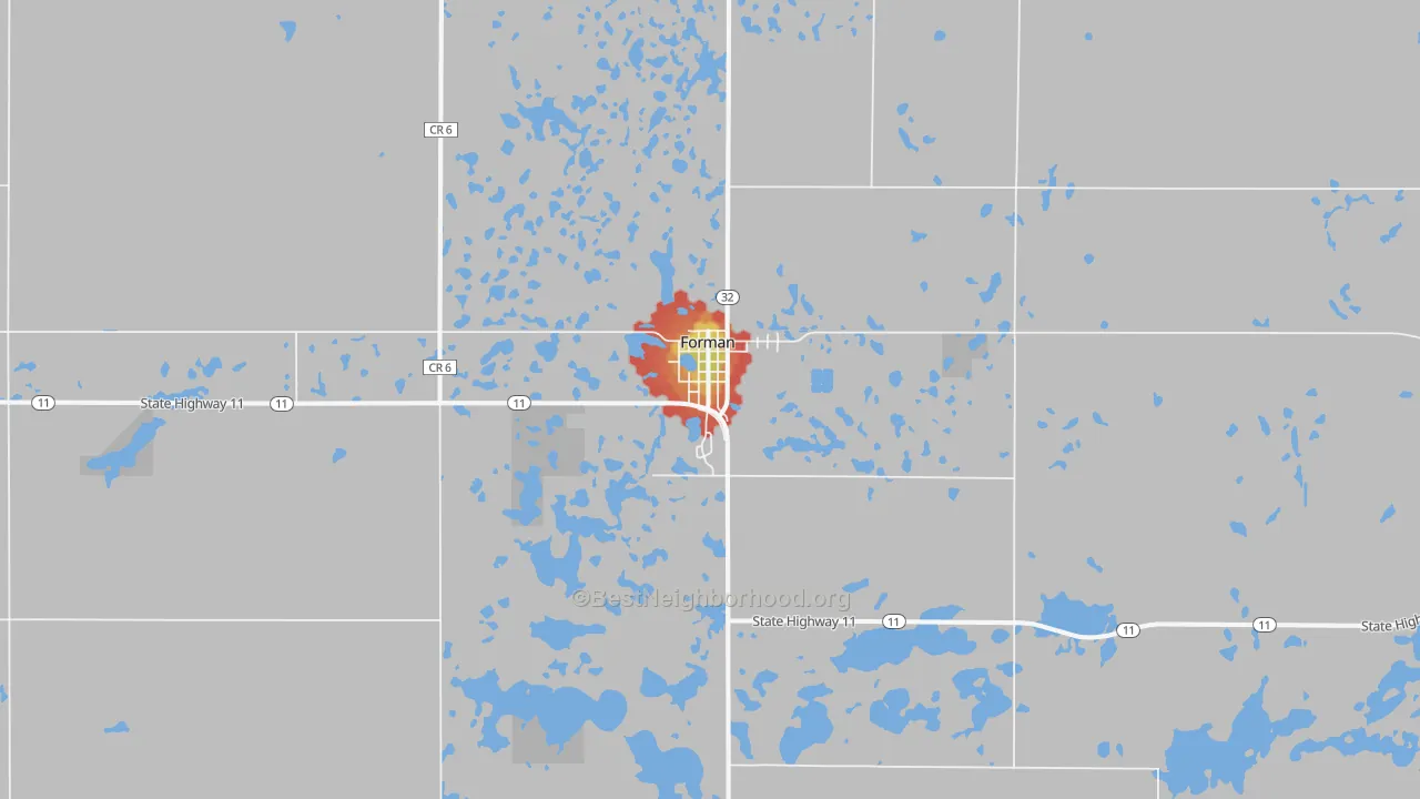 Walk Grade map of 58032, ND, walkable areas in green and car-dependent areas in red