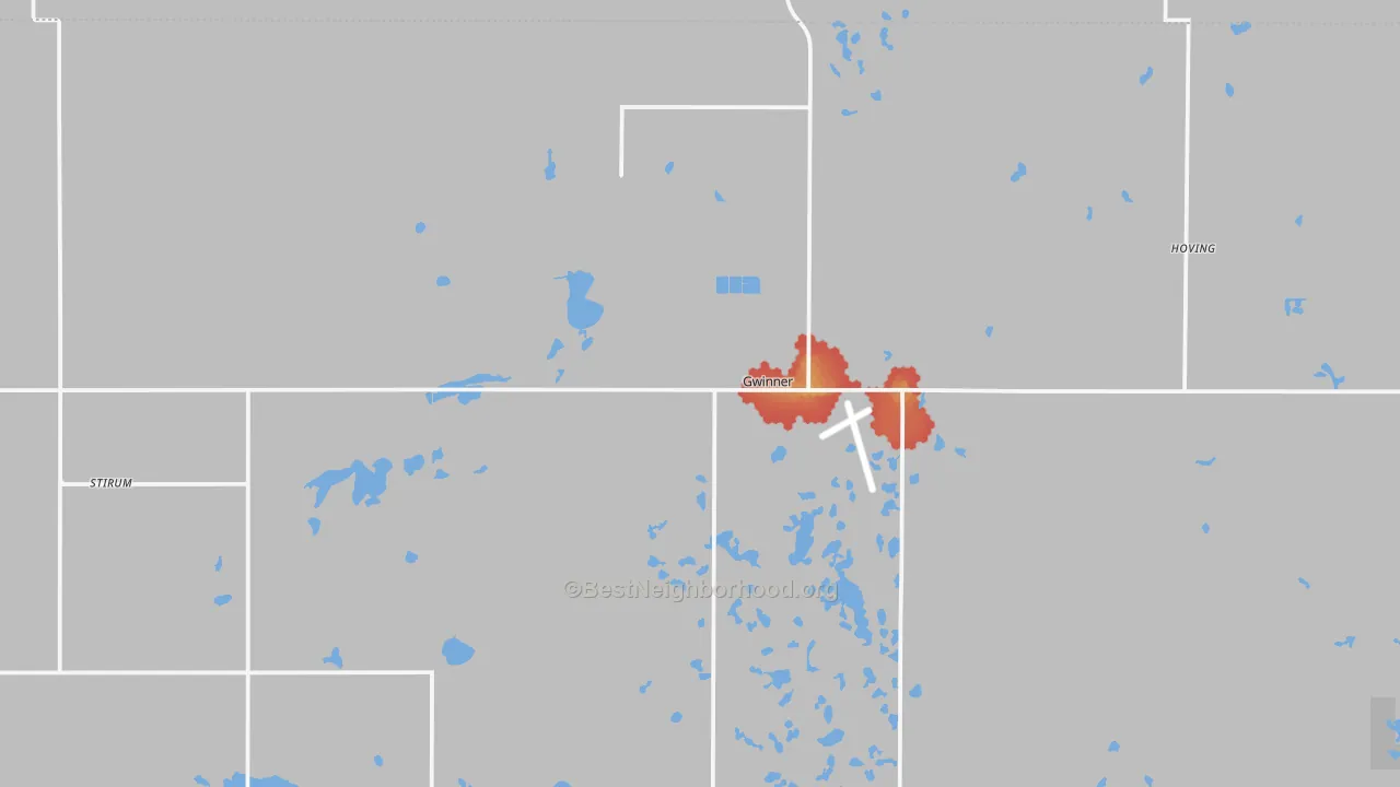 Walk Grade map of 58040, ND, walkable areas in green and car-dependent areas in red