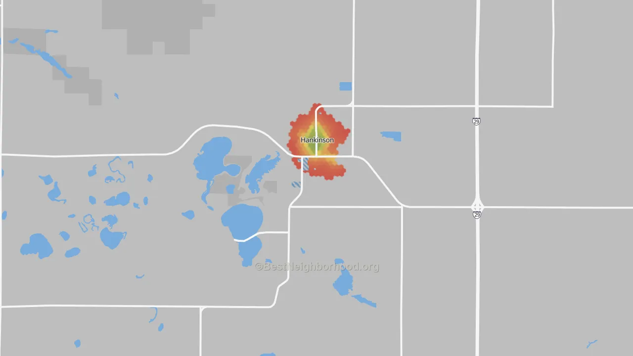 Walk Grade map of 58041, ND, walkable areas in green and car-dependent areas in red
