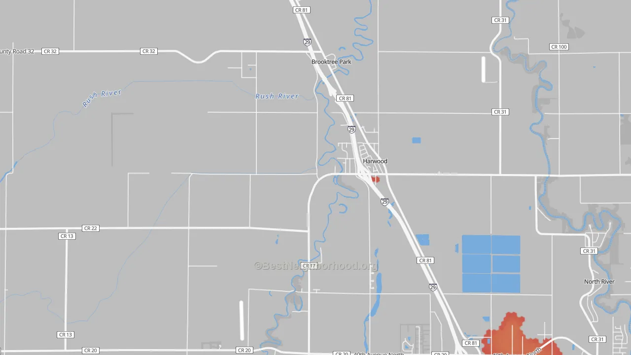 Walk Grade map of 58042, ND, walkable areas in green and car-dependent areas in red