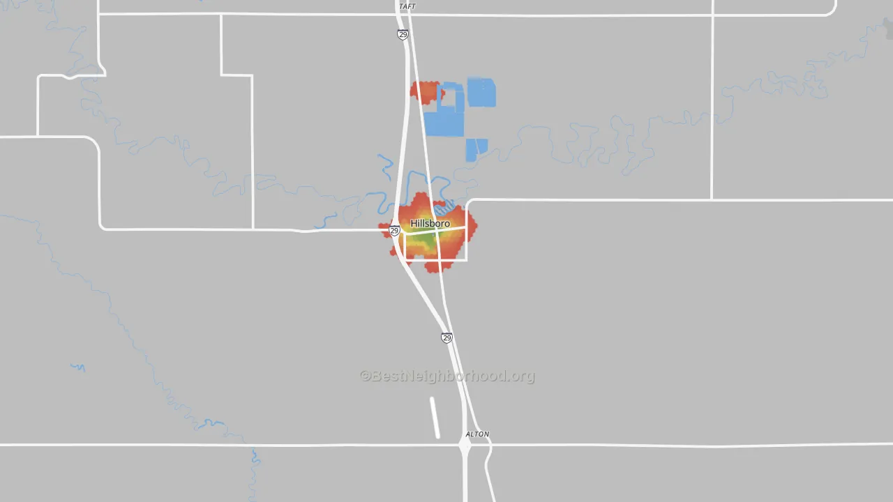 Walk Grade map of 58045, ND, walkable areas in green and car-dependent areas in red
