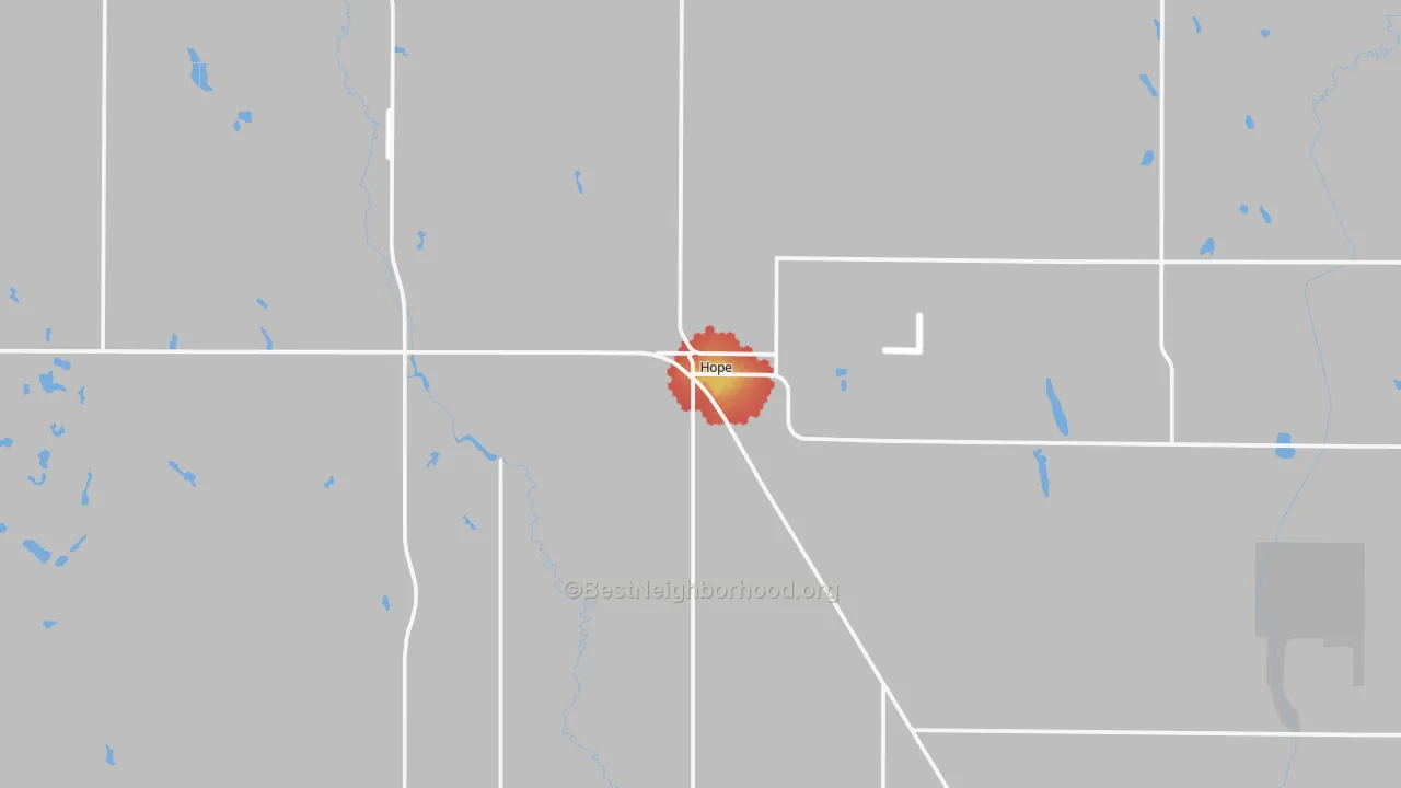 Walk Grade map of 58046, ND, walkable areas in green and car-dependent areas in red