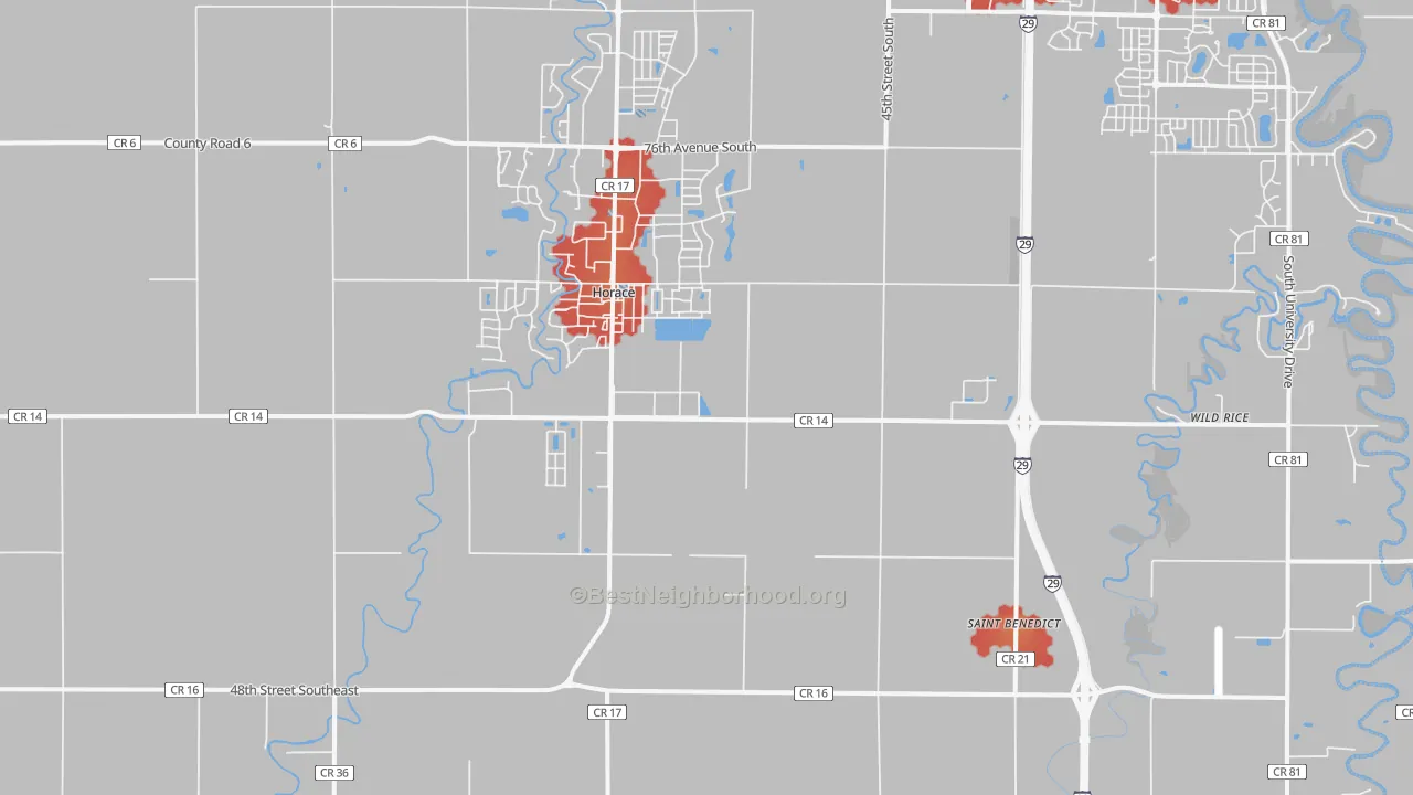 Walk Grade map of 58047, ND, walkable areas in green and car-dependent areas in red