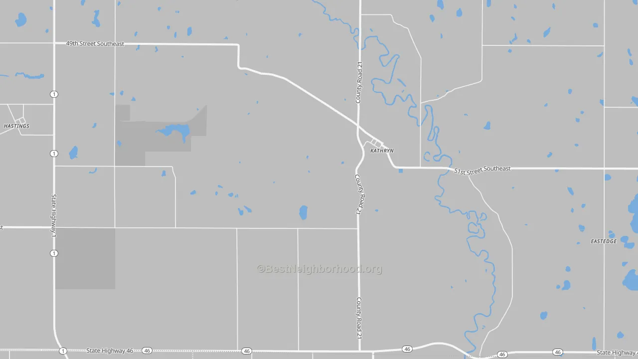 Walk Grade map of 58049, ND, walkable areas in green and car-dependent areas in red