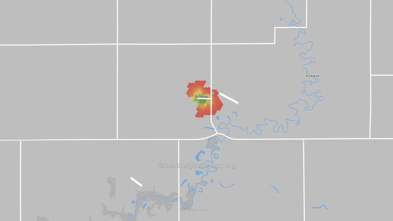 Walk Grade map of 58051, ND, walkable areas in green and car-dependent areas in red