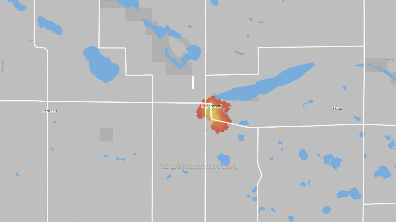 Walk Grade map of 58053, ND, walkable areas in green and car-dependent areas in red