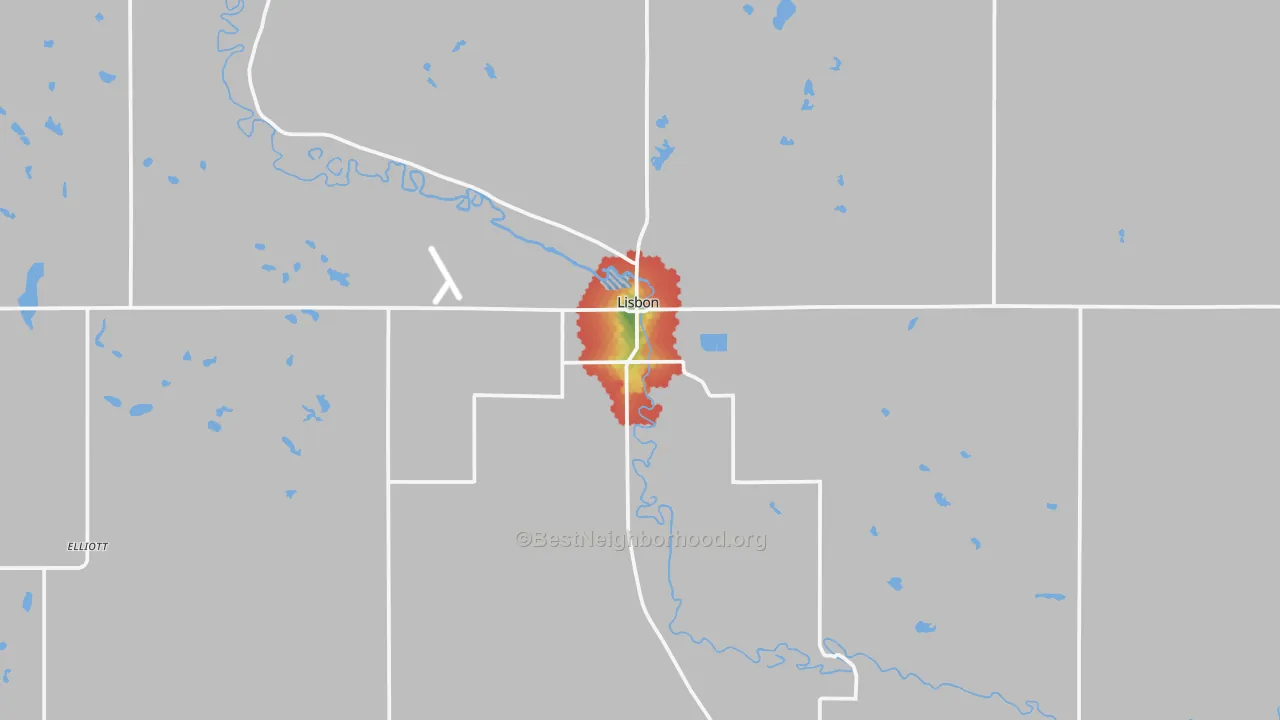 Walk Grade map of 58054, ND, walkable areas in green and car-dependent areas in red