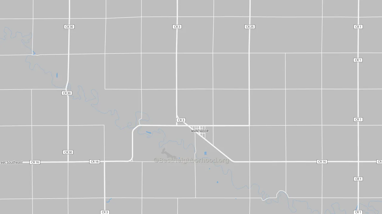 Walk Grade map of 58058, ND, walkable areas in green and car-dependent areas in red