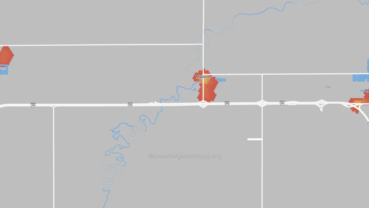 Walk Grade map of 58059, ND, walkable areas in green and car-dependent areas in red