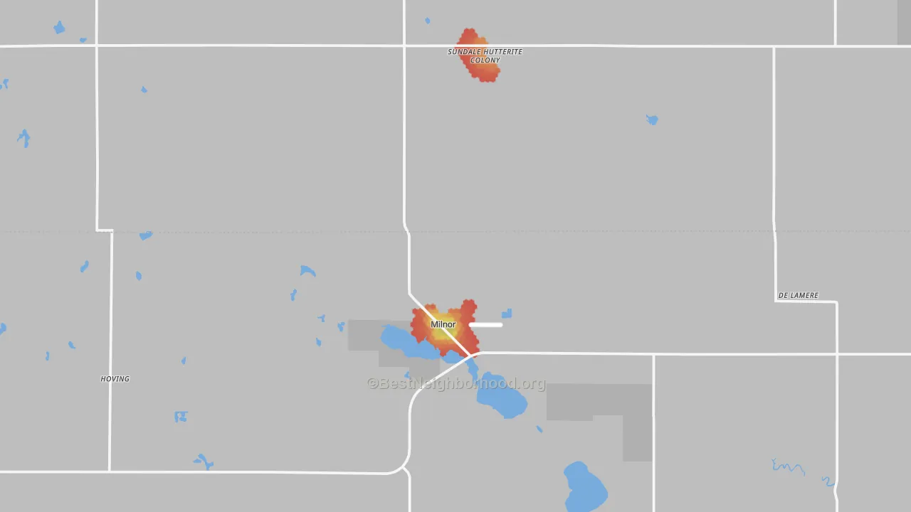 Walk Grade map of 58060, ND, walkable areas in green and car-dependent areas in red