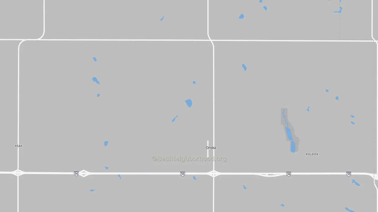Walk Grade map of 58063, ND, walkable areas in green and car-dependent areas in red
