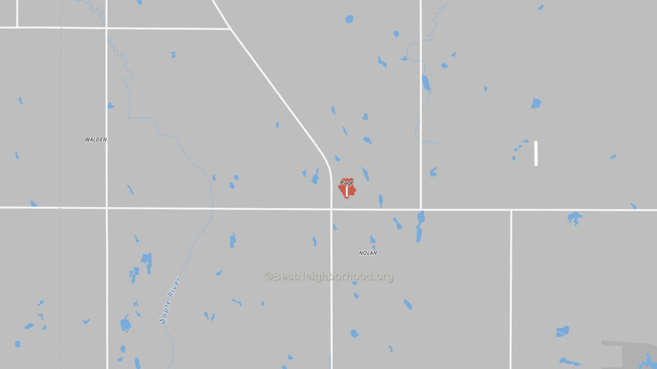 Walk Grade map of 58064, ND, walkable areas in green and car-dependent areas in red