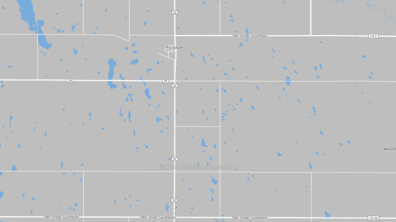 Walk Grade map of 58065, ND, walkable areas in green and car-dependent areas in red