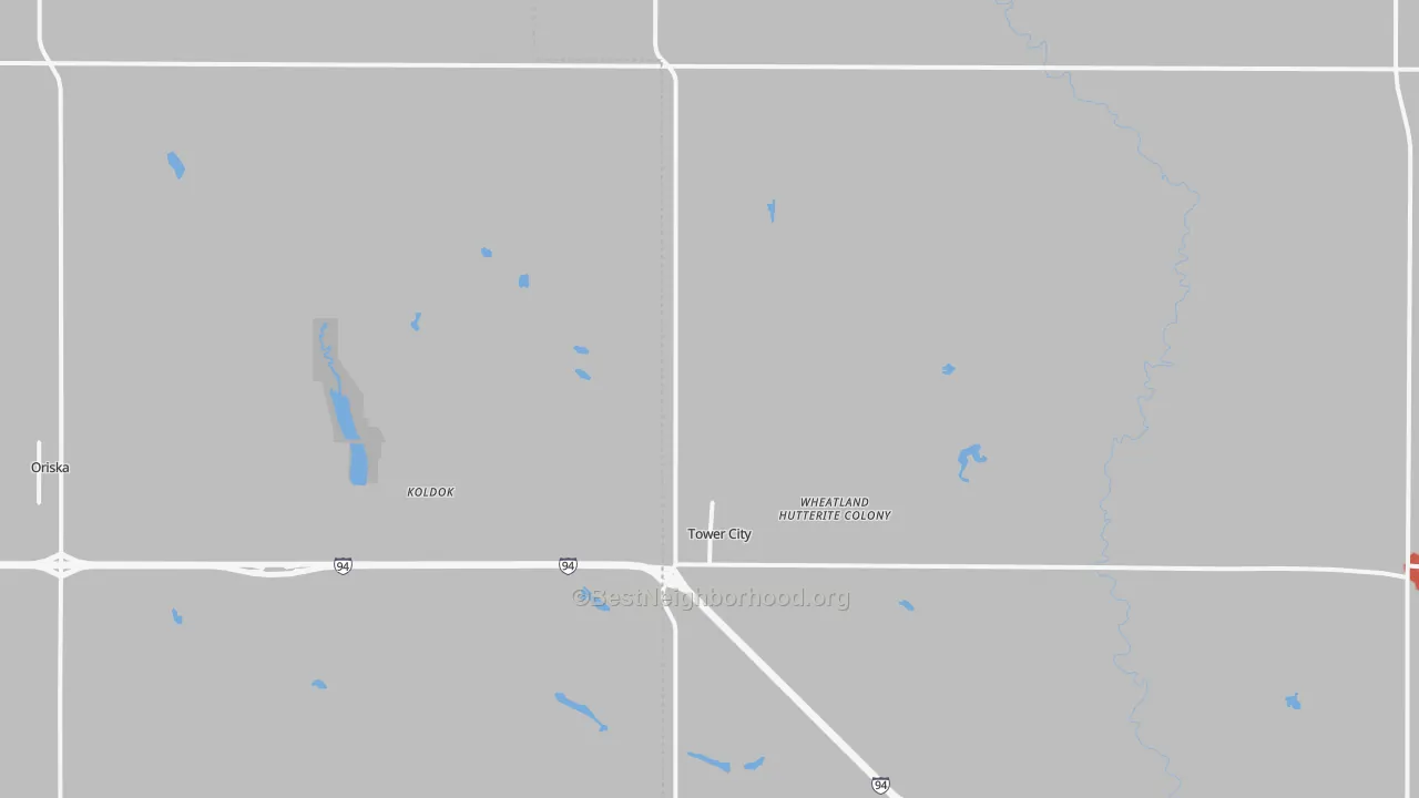 Walk Grade map of 58071, ND, walkable areas in green and car-dependent areas in red
