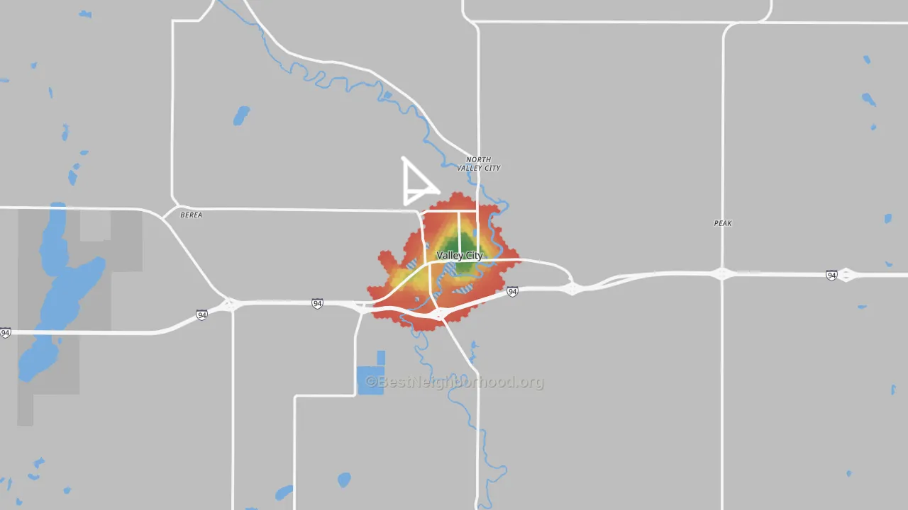 Walk Grade map of 58072, ND, walkable areas in green and car-dependent areas in red