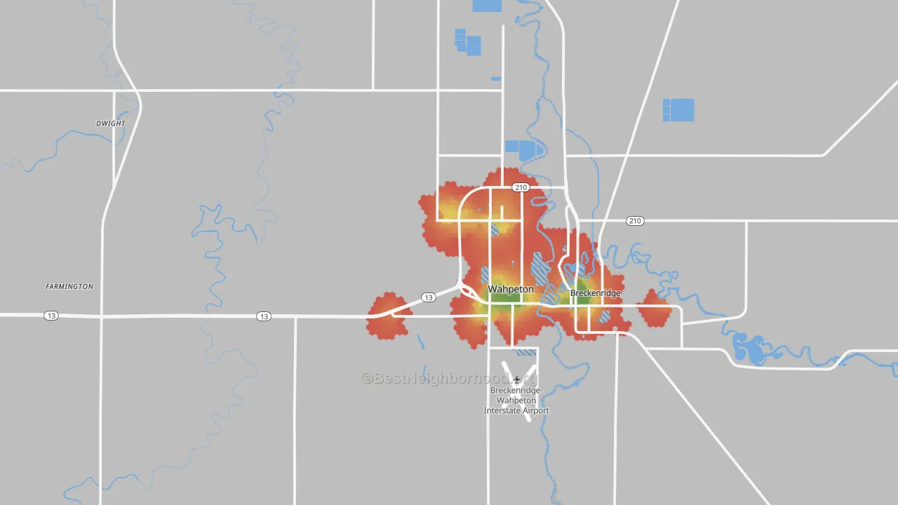 Walk Grade map of 58075, ND, walkable areas in green and car-dependent areas in red