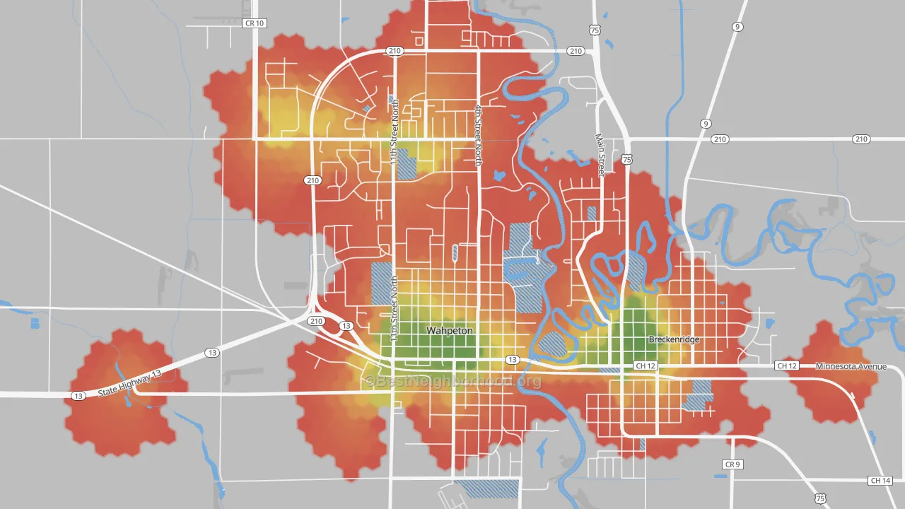 Walk Grade map of 58076, ND, walkable areas in green and car-dependent areas in red