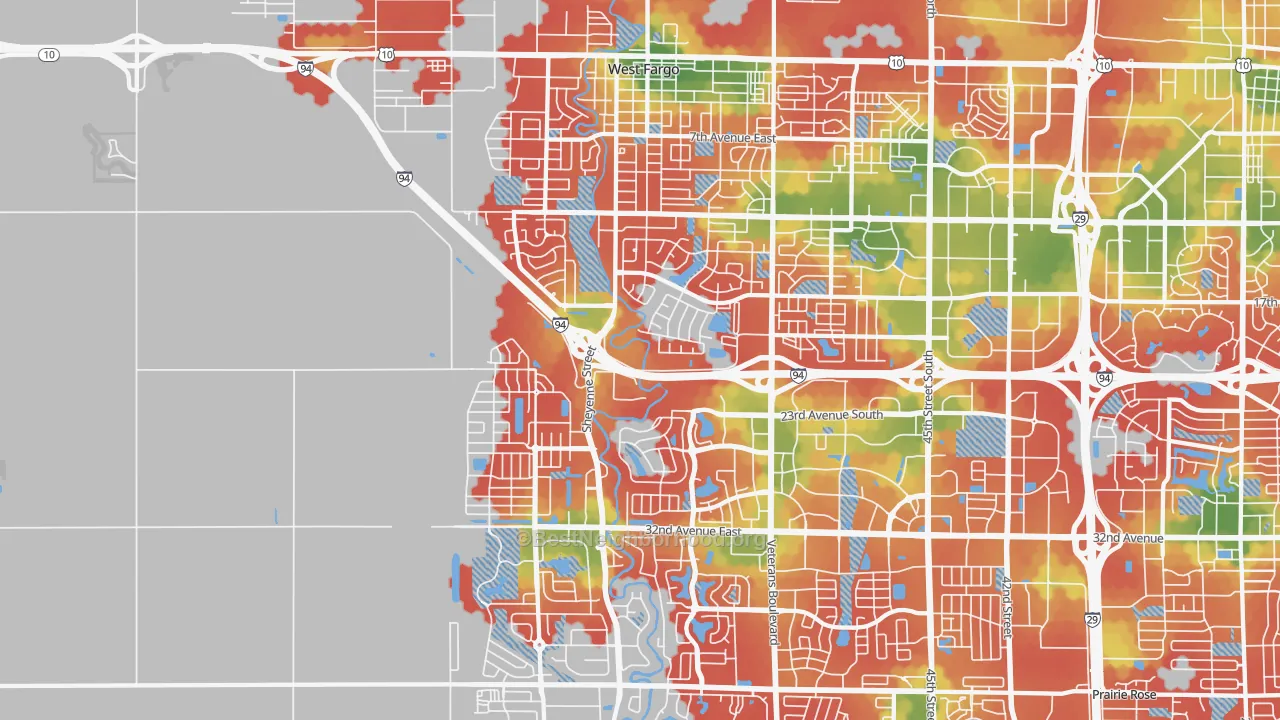 Walk Grade map of 58078, ND, walkable areas in green and car-dependent areas in red