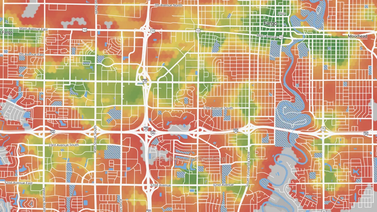 Walk Grade map of 58103, ND, walkable areas in green and car-dependent areas in red
