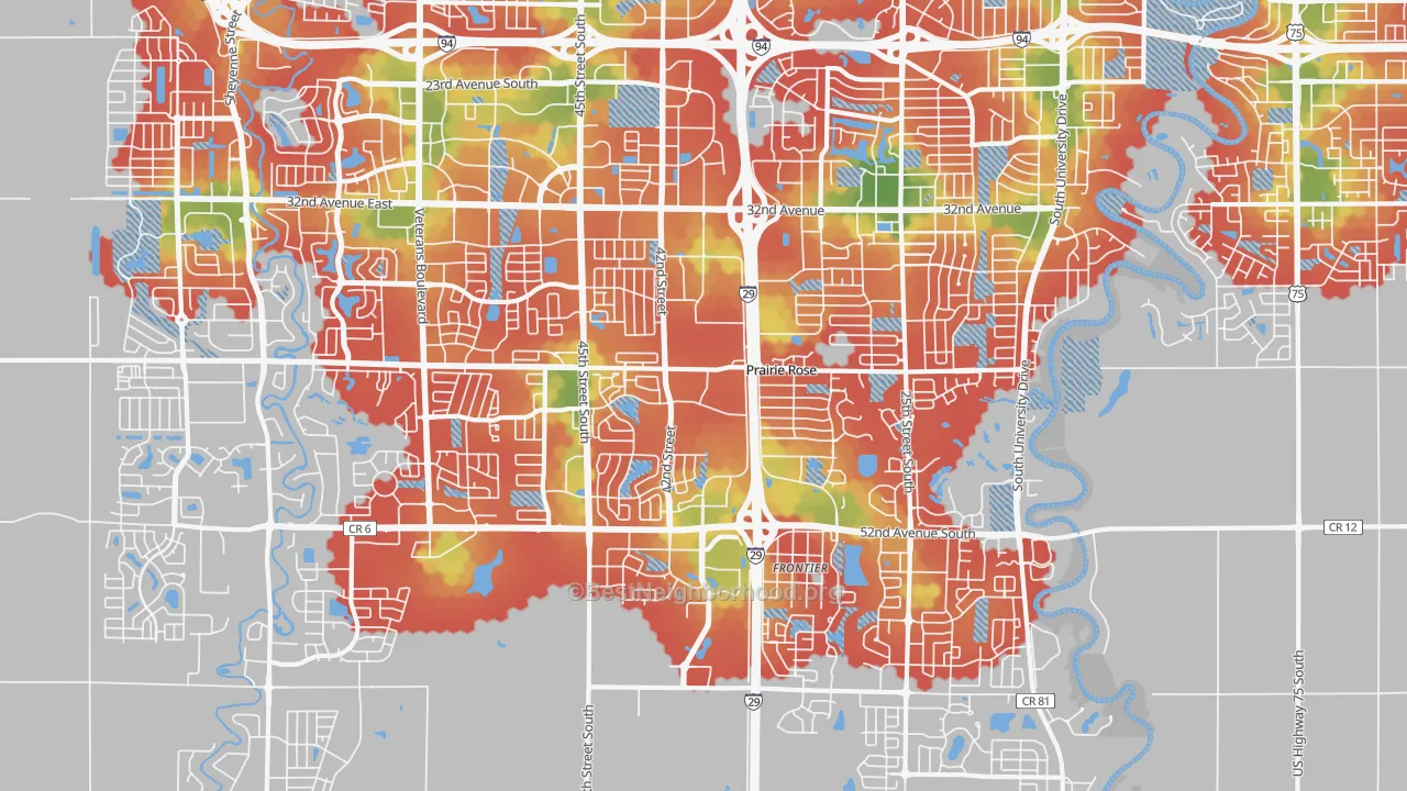 Walk Grade map of 58104, ND, walkable areas in green and car-dependent areas in red