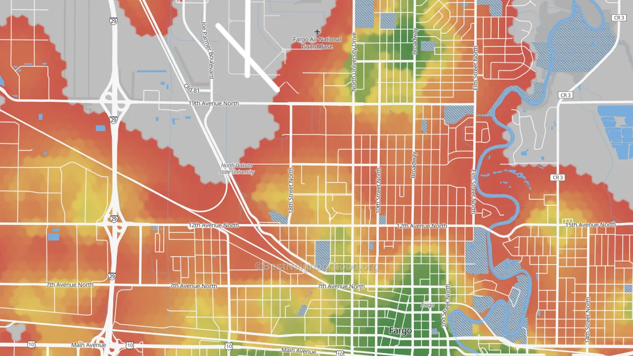 Walk Grade map of 58105, ND, walkable areas in green and car-dependent areas in red