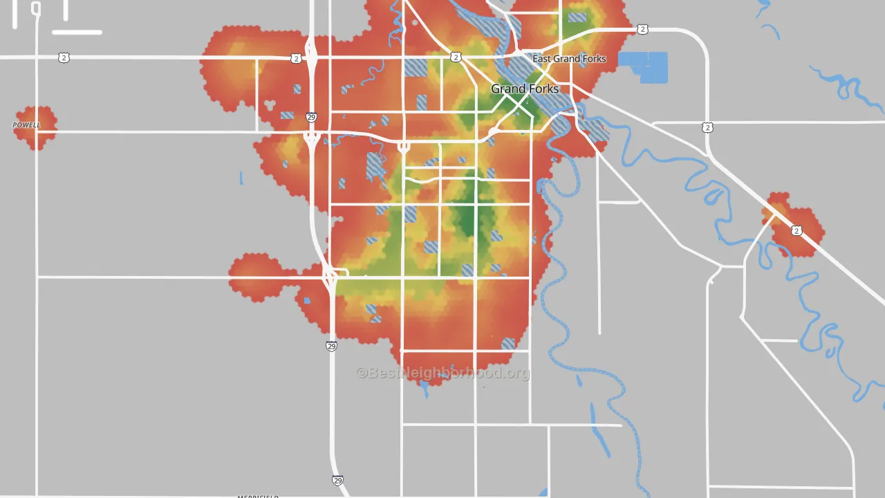 Walk Grade map of 58201, ND, walkable areas in green and car-dependent areas in red