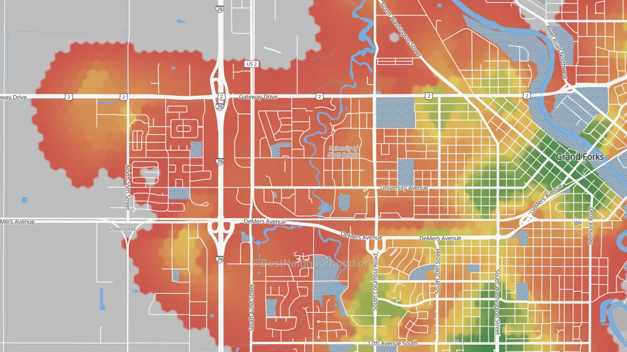 Walk Grade map of 58202, ND, walkable areas in green and car-dependent areas in red