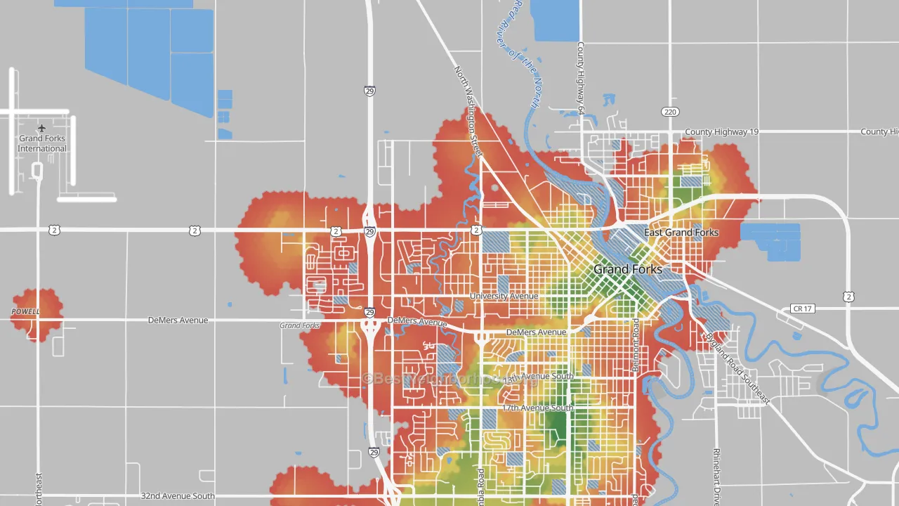 Walk Grade map of 58203, ND, walkable areas in green and car-dependent areas in red