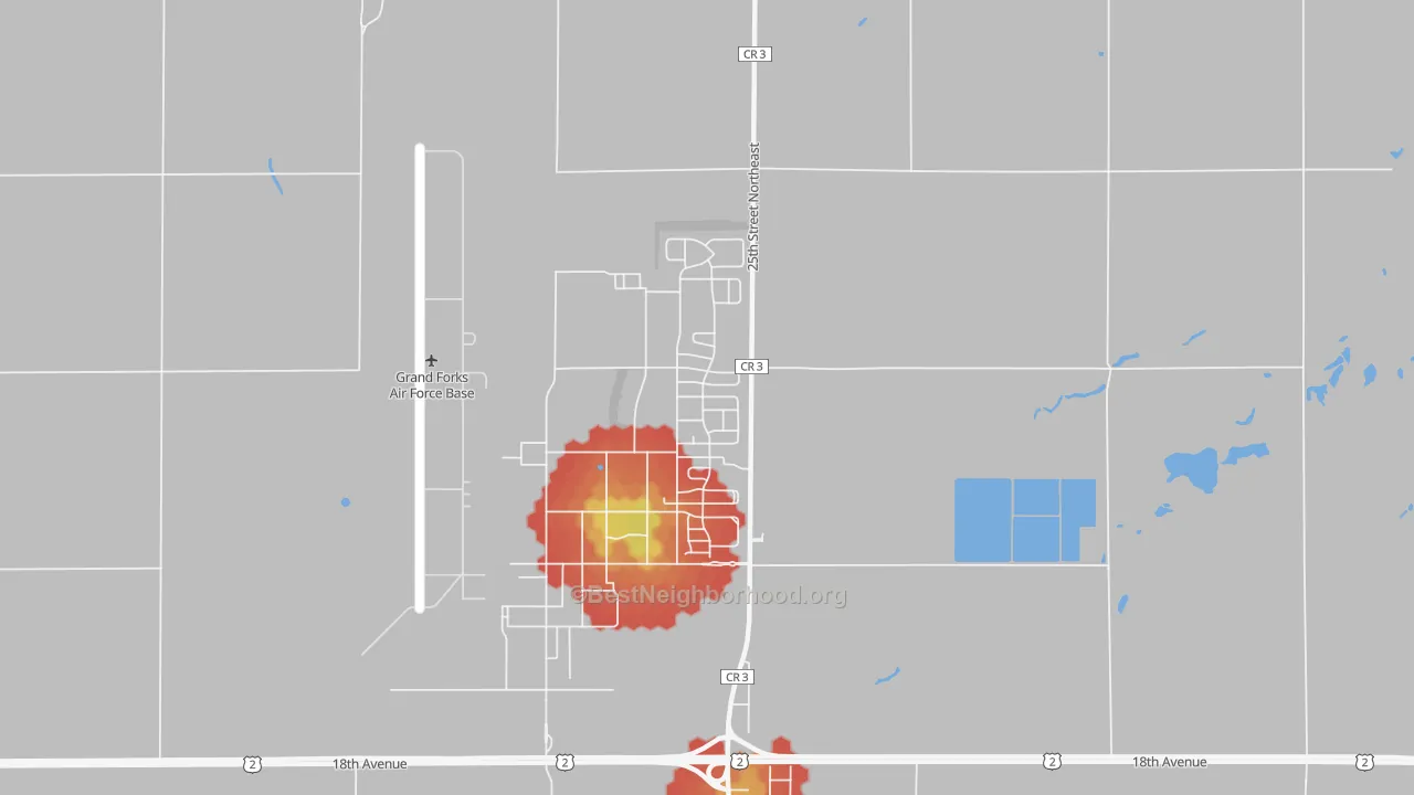 Walk Grade map of 58204, ND, walkable areas in green and car-dependent areas in red