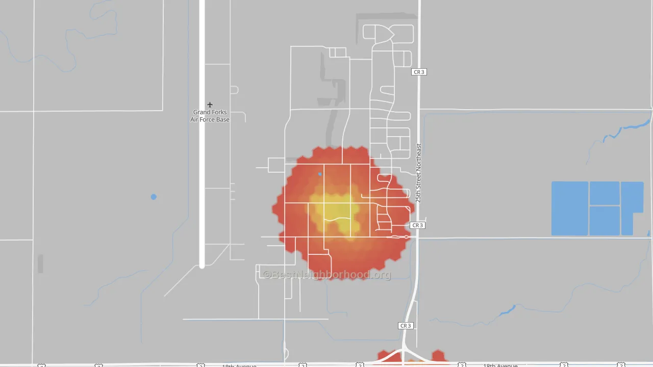 Walk Grade map of 58205, ND, walkable areas in green and car-dependent areas in red