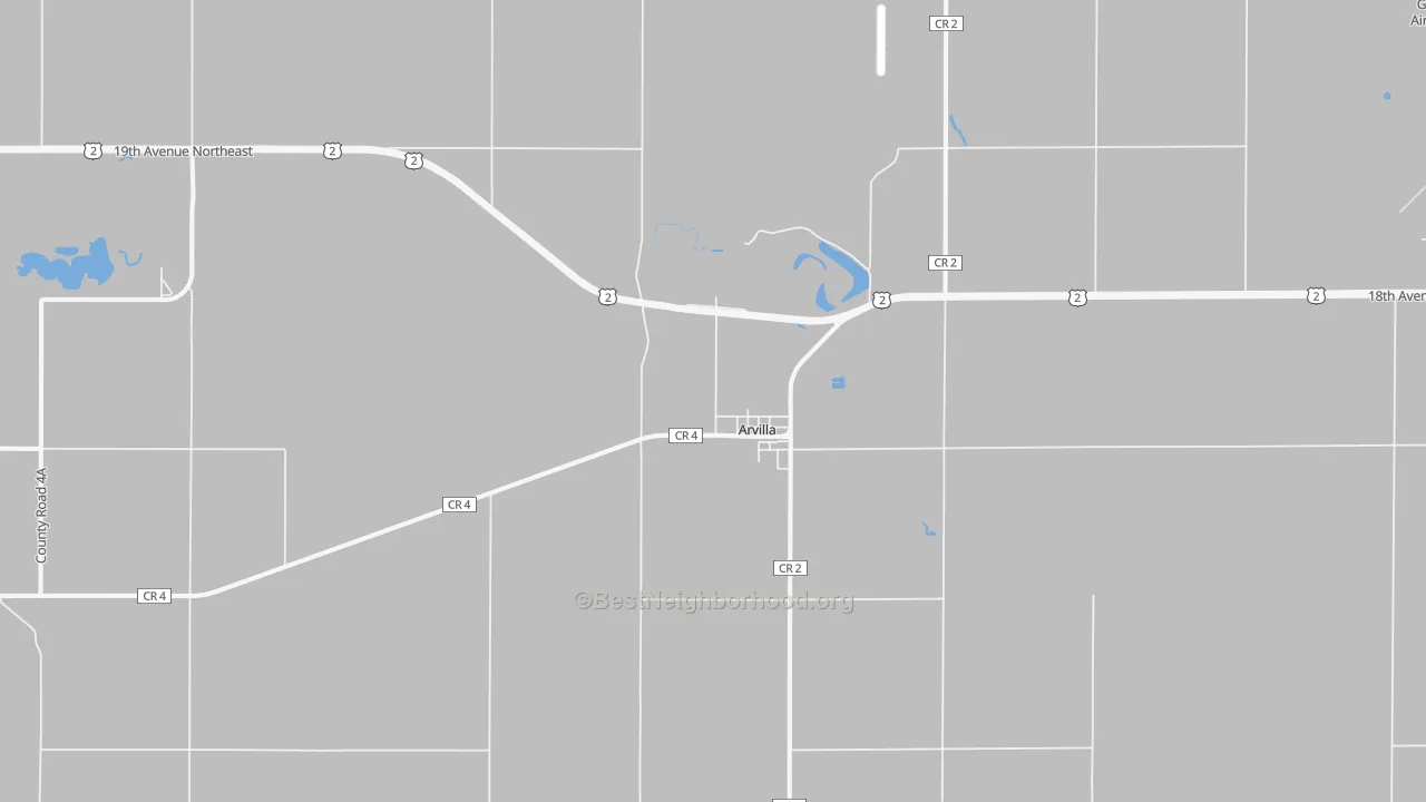 Walk Grade map of 58214, ND, walkable areas in green and car-dependent areas in red