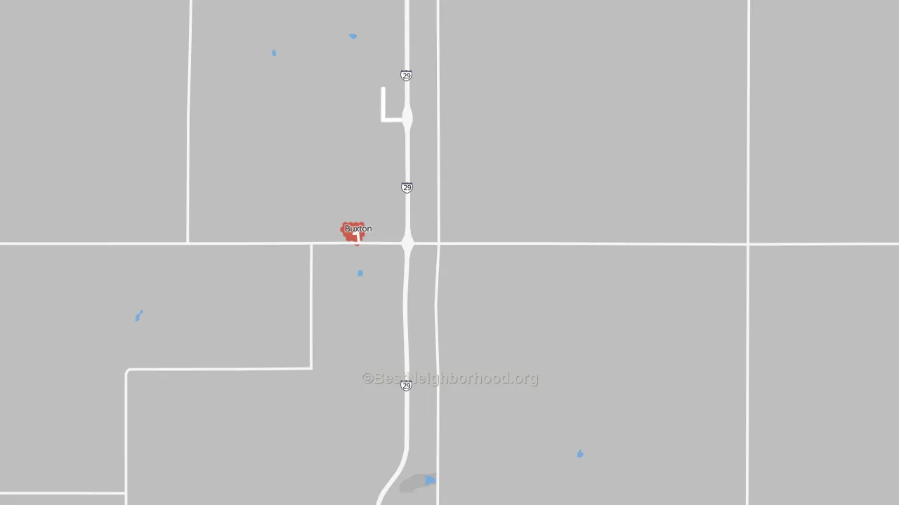 Walk Grade map of 58218, ND, walkable areas in green and car-dependent areas in red