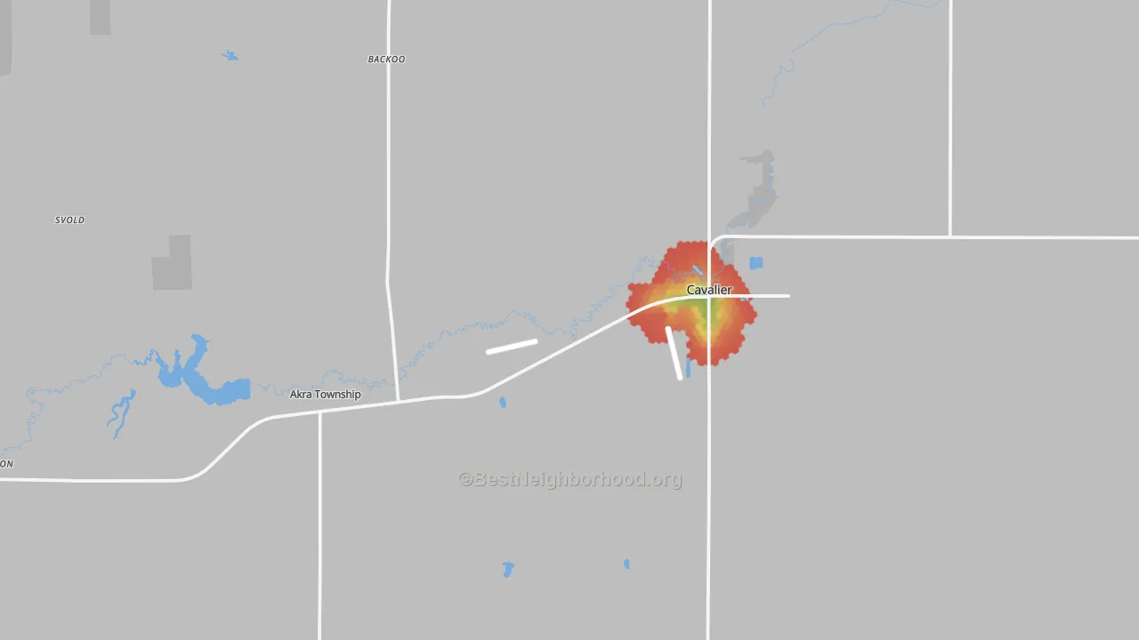 Walk Grade map of 58220, ND, walkable areas in green and car-dependent areas in red