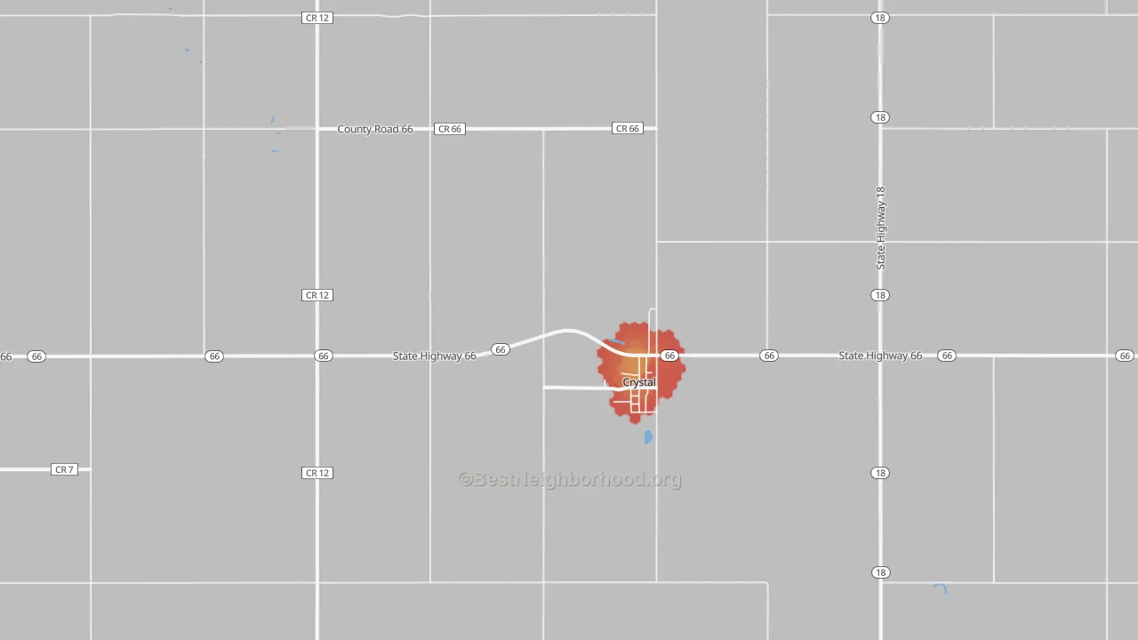 Walk Grade map of 58222, ND, walkable areas in green and car-dependent areas in red
