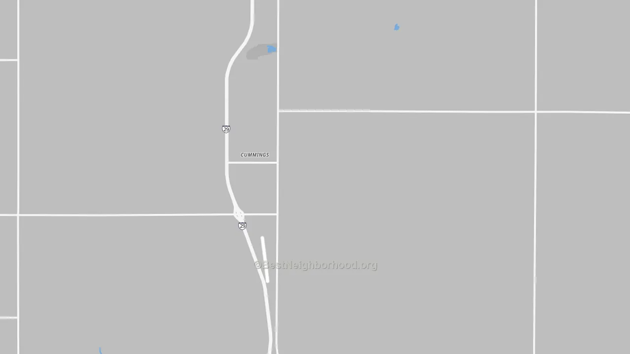 Walk Grade map of 58223, ND, walkable areas in green and car-dependent areas in red