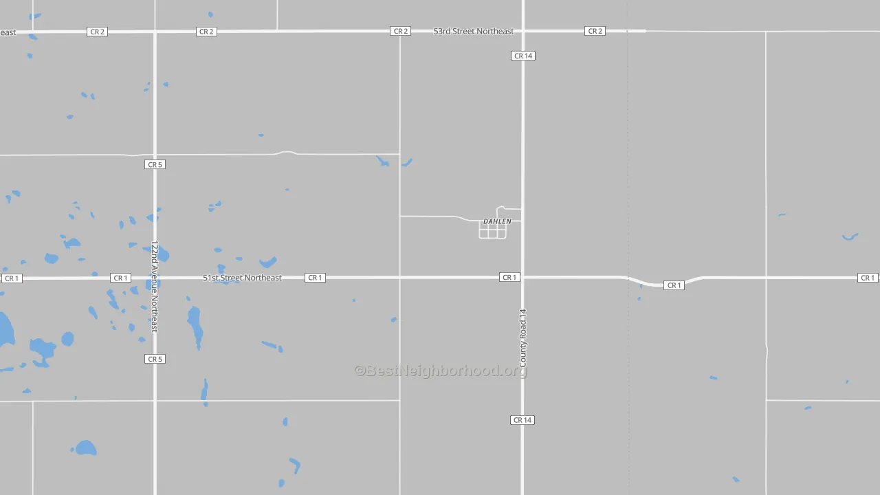Walk Grade map of 58224, ND, walkable areas in green and car-dependent areas in red