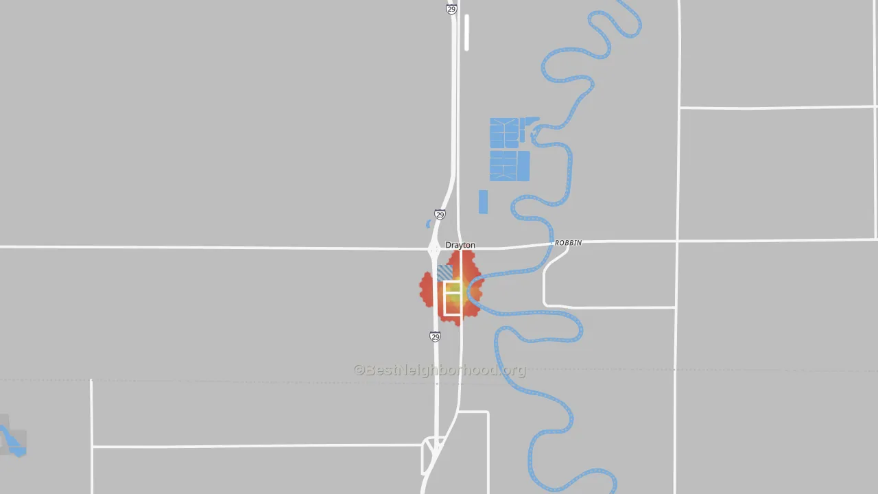 Walk Grade map of 58225, ND, walkable areas in green and car-dependent areas in red