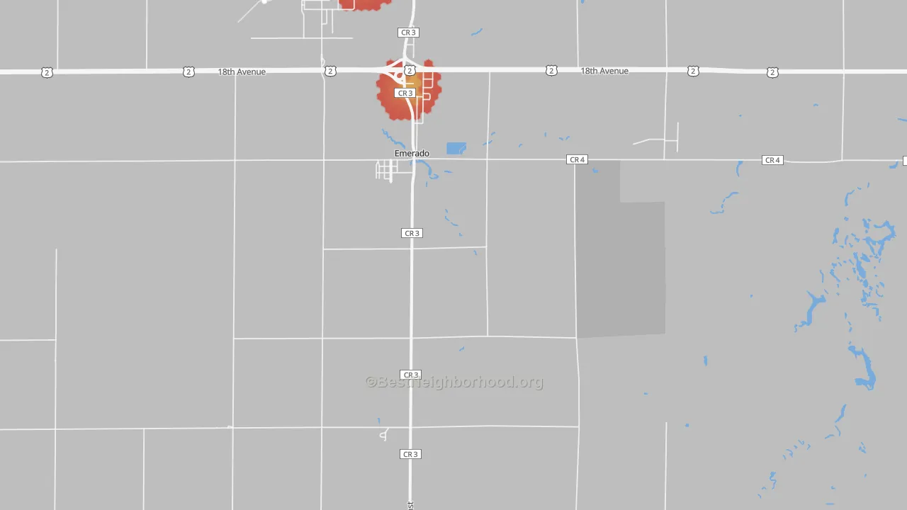 Walk Grade map of 58228, ND, walkable areas in green and car-dependent areas in red