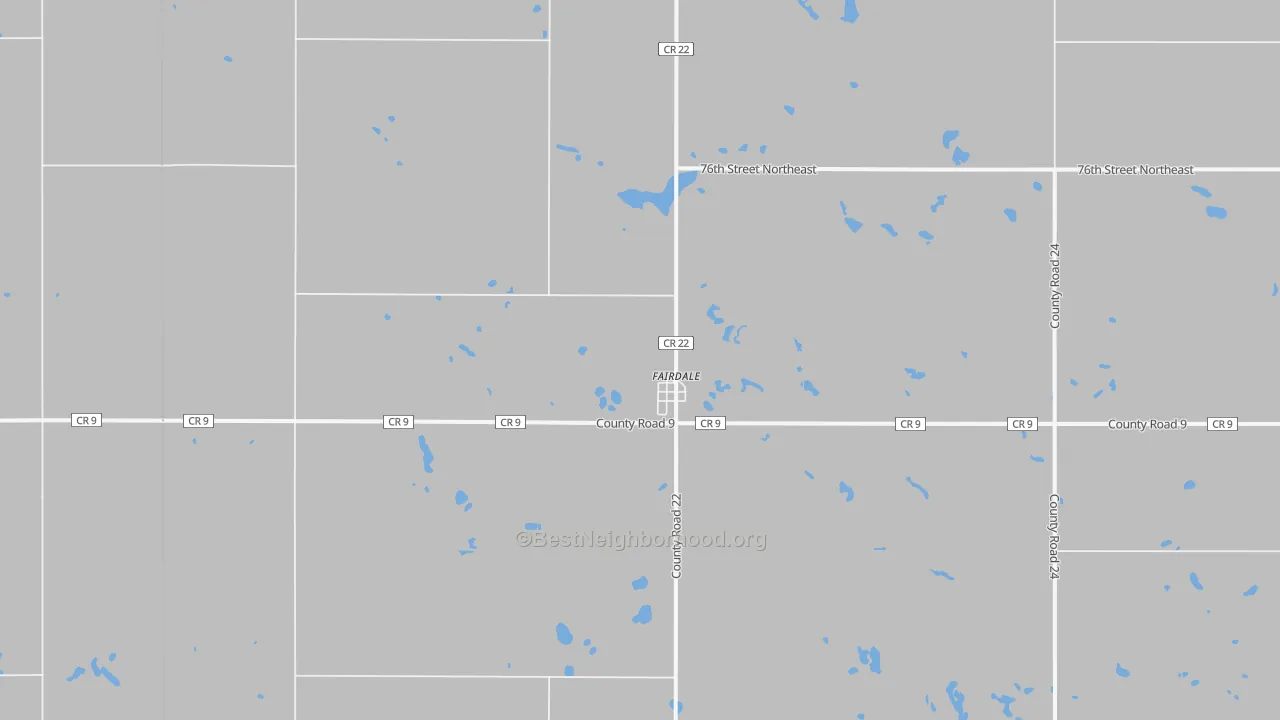 Walk Grade map of 58229, ND, walkable areas in green and car-dependent areas in red