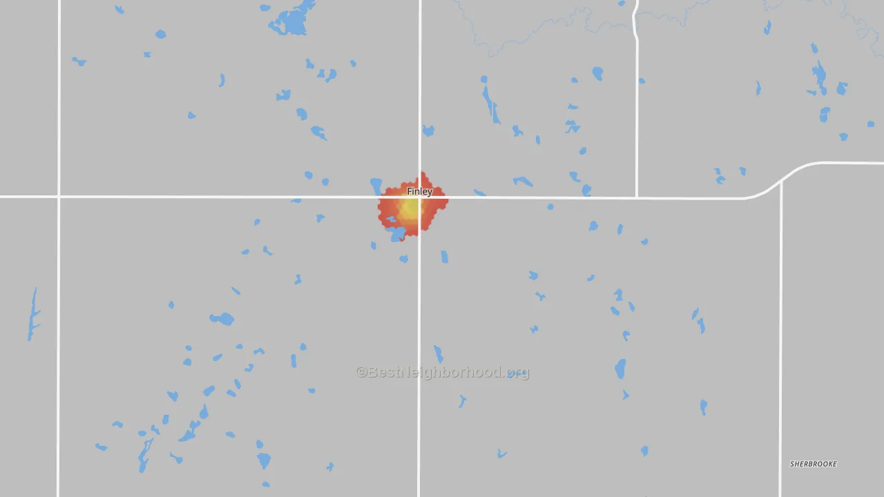 Walk Grade map of 58230, ND, walkable areas in green and car-dependent areas in red