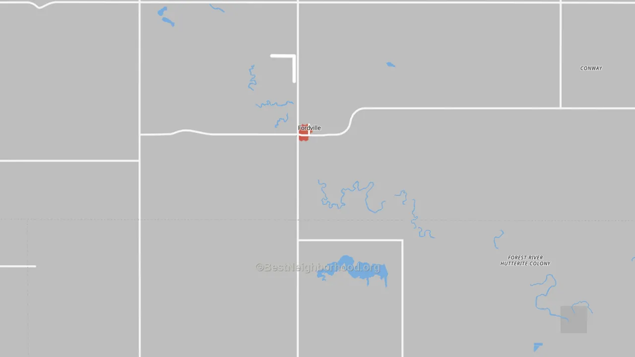 Walk Grade map of 58231, ND, walkable areas in green and car-dependent areas in red