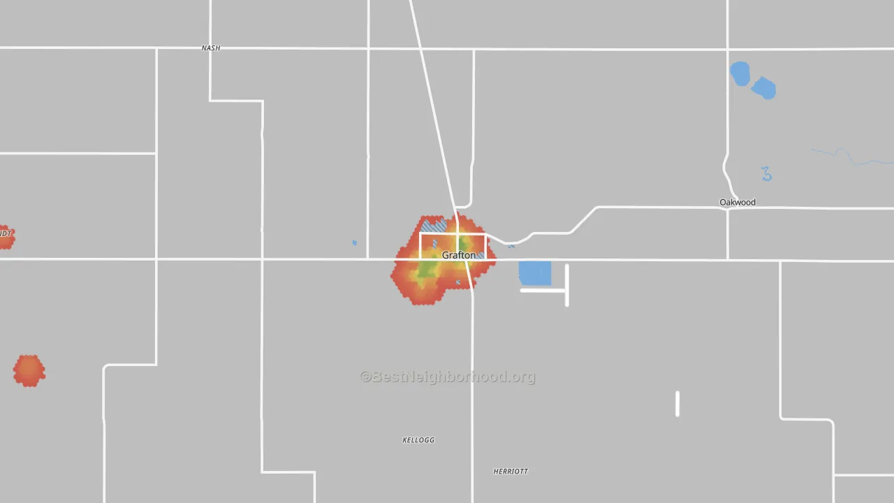 Walk Grade map of 58237, ND, walkable areas in green and car-dependent areas in red