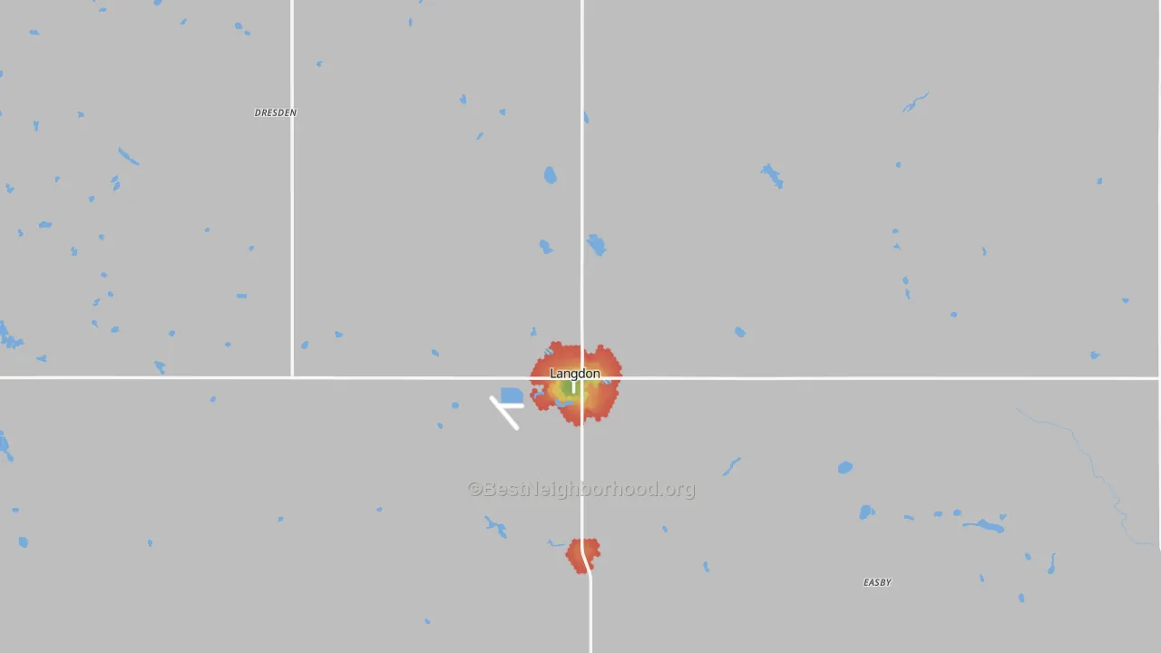 Walk Grade map of 58249, ND, walkable areas in green and car-dependent areas in red