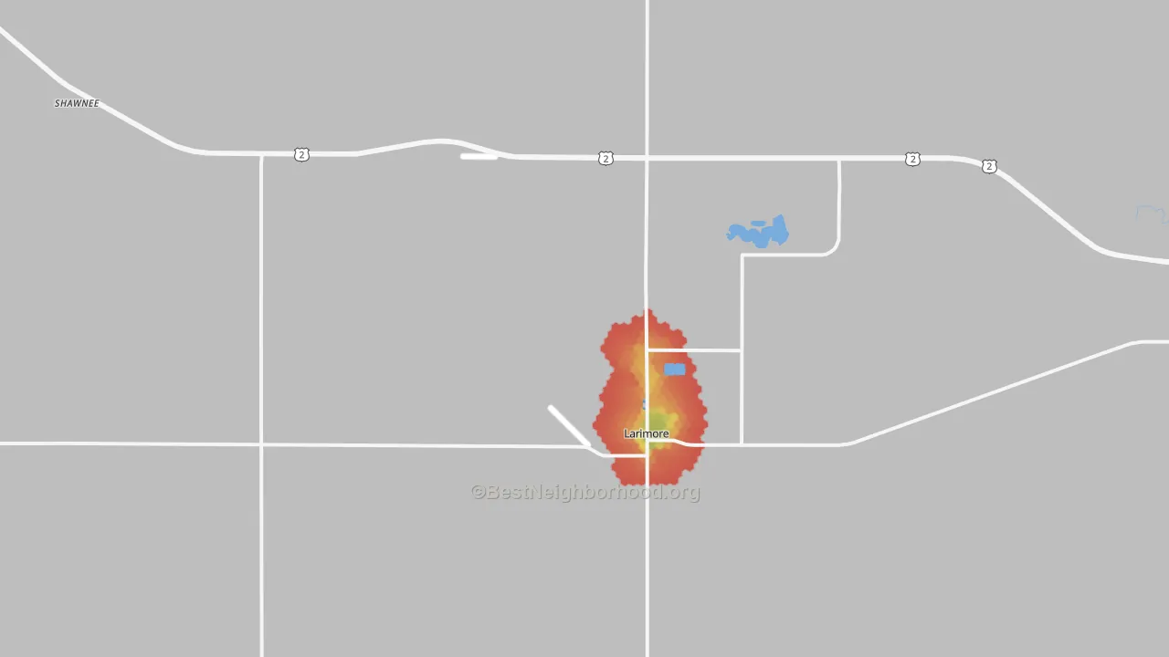 Walk Grade map of 58251, ND, walkable areas in green and car-dependent areas in red