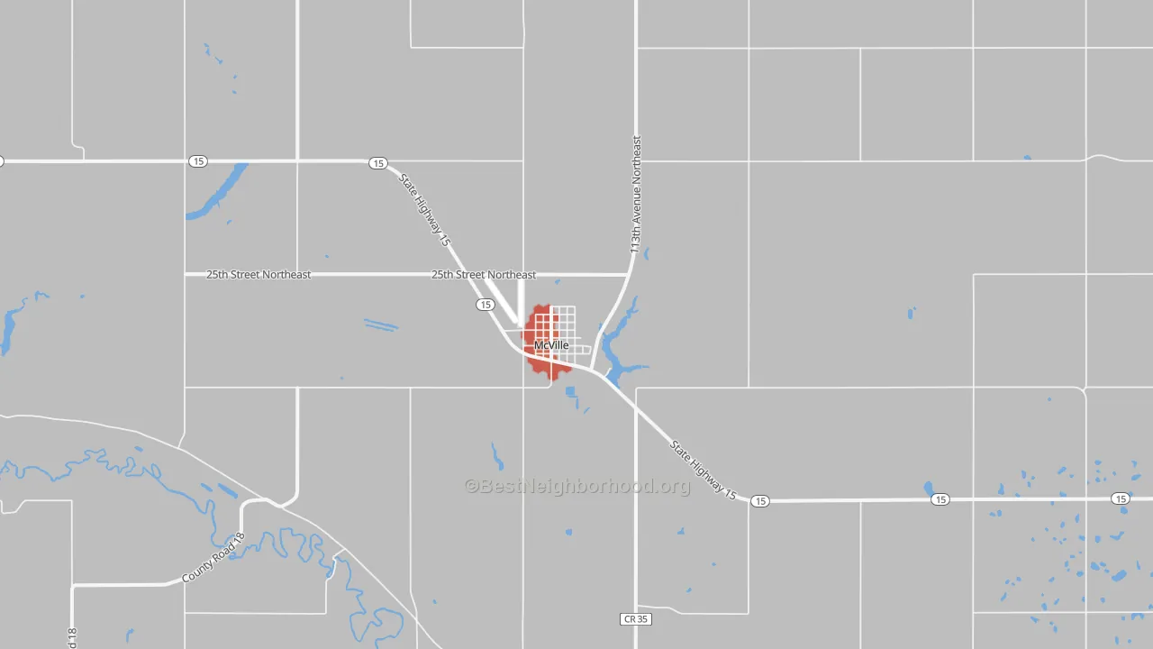 Walk Grade map of 58254, ND, walkable areas in green and car-dependent areas in red