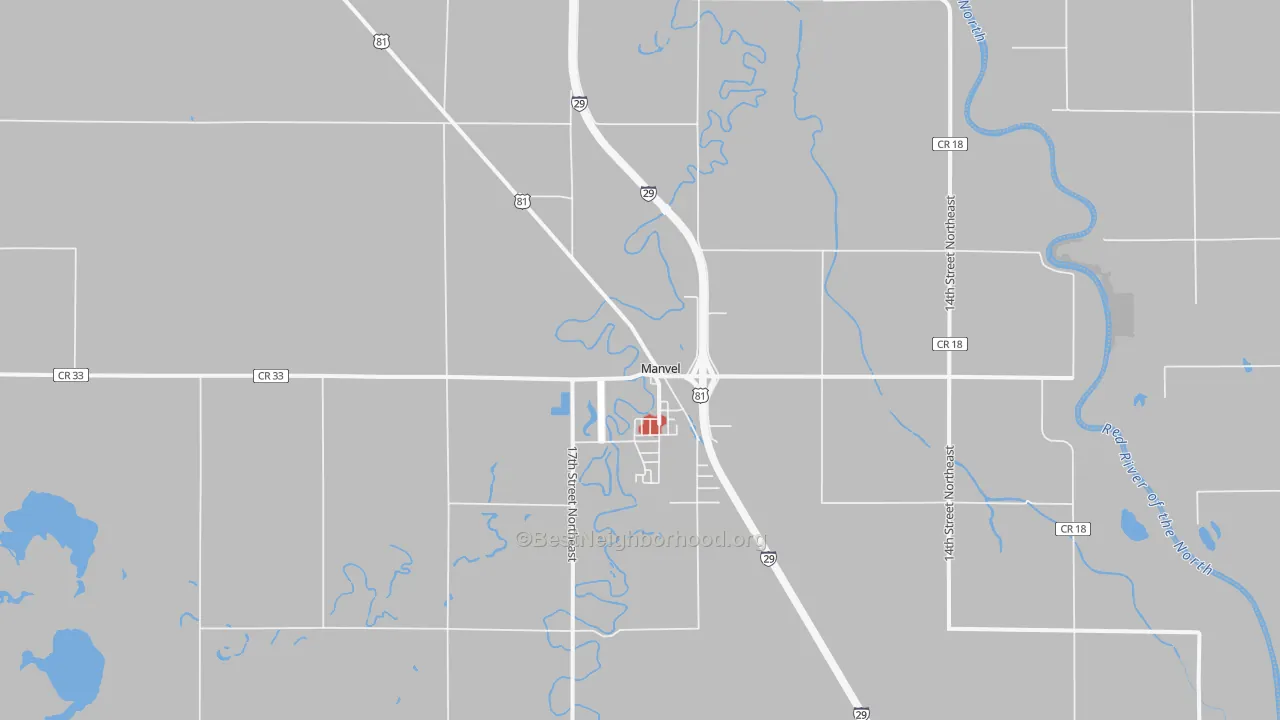 Walk Grade map of 58256, ND, walkable areas in green and car-dependent areas in red