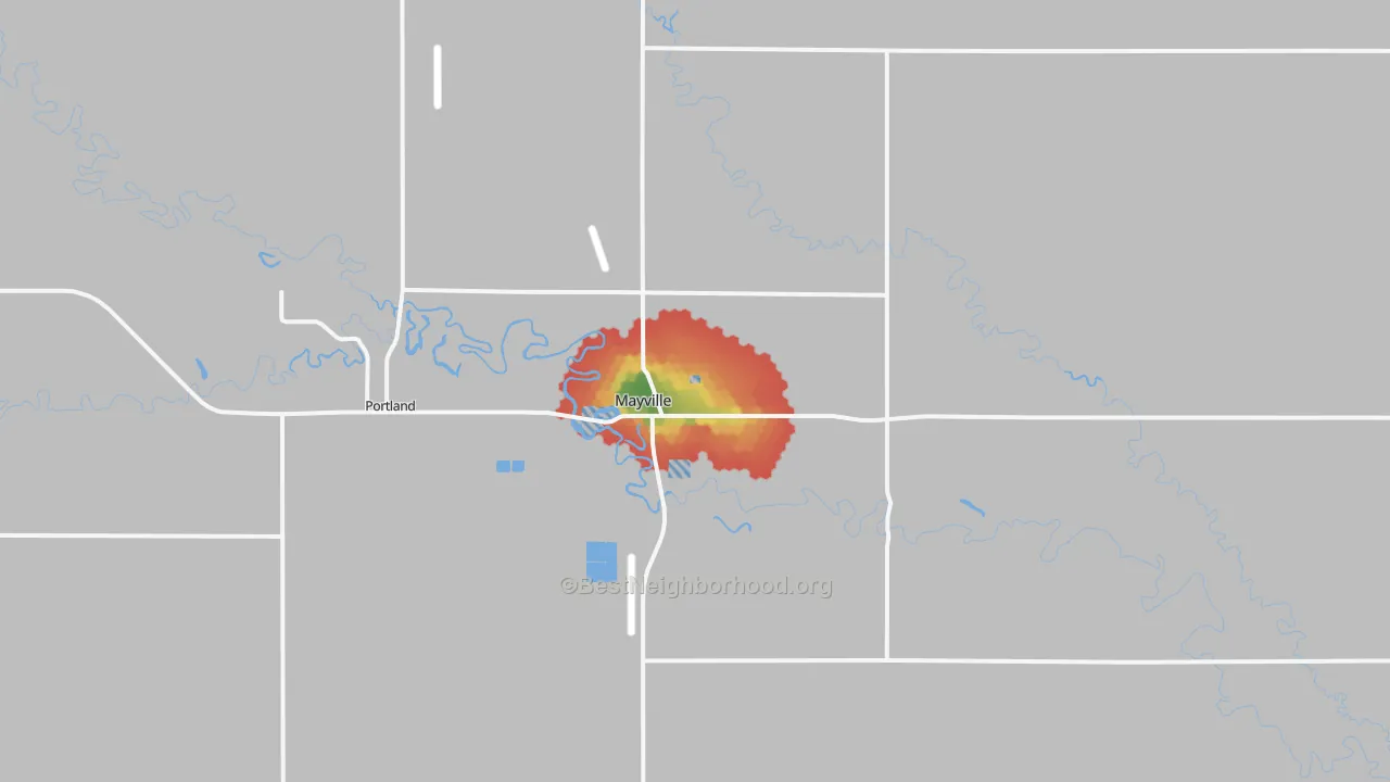 Walk Grade map of 58257, ND, walkable areas in green and car-dependent areas in red